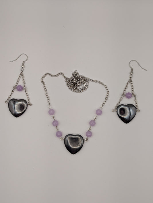 Hematite Stone Heart Earring and Necklace Set