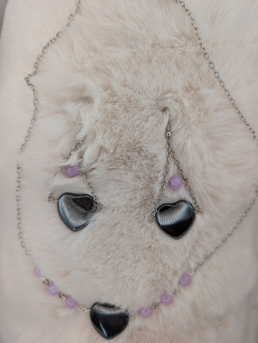 Hematite Stone Heart Earring and Necklace Set